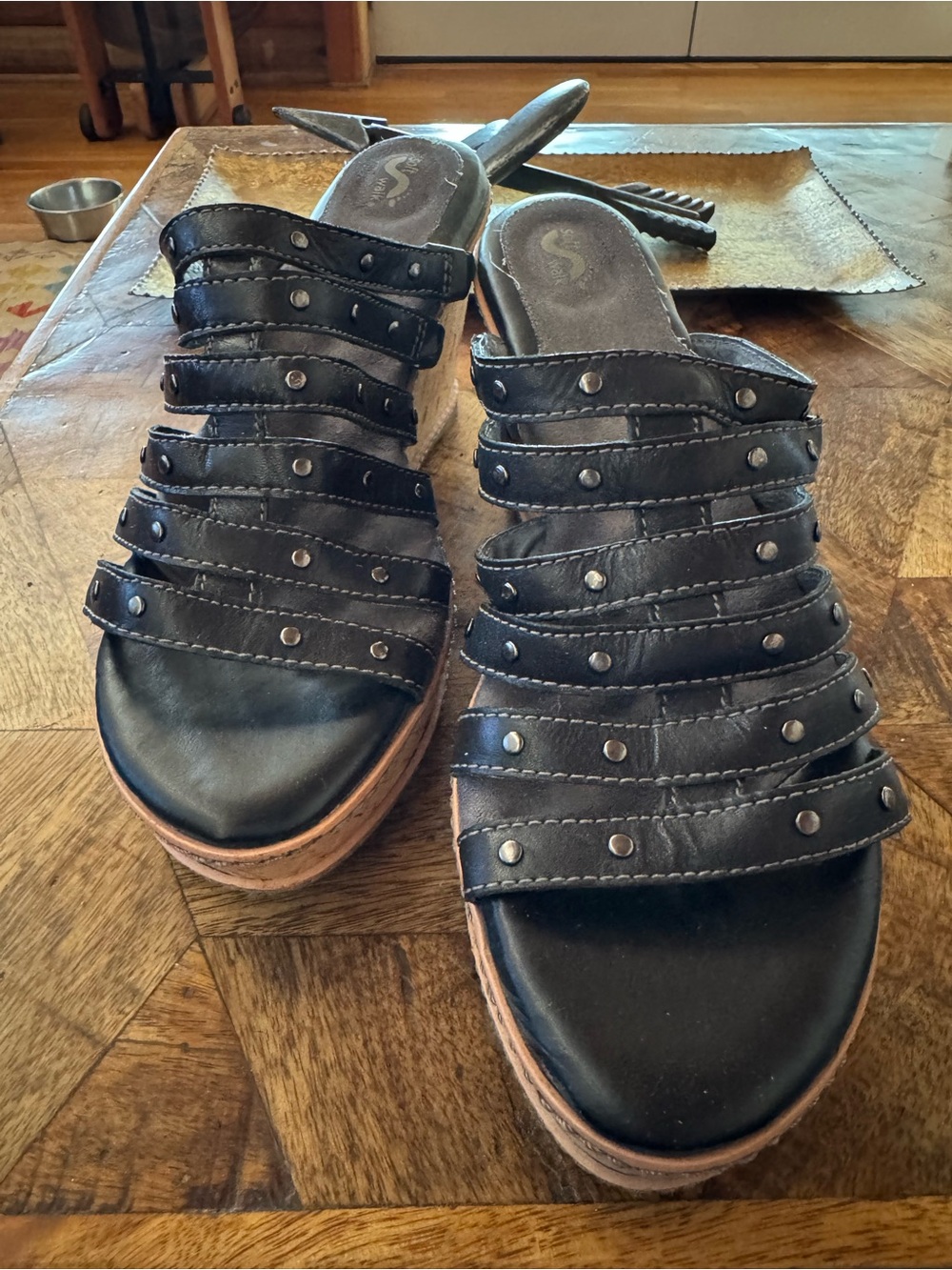 SoftWalk Black Studded Strappy Wedge Slides